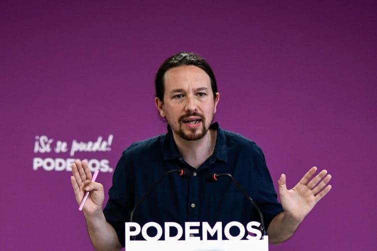 Le leader du parti d’extrême gauche Podemos, Pablo Iglesias, donne une conférence de presse à Madrid, le 27 mai 2019